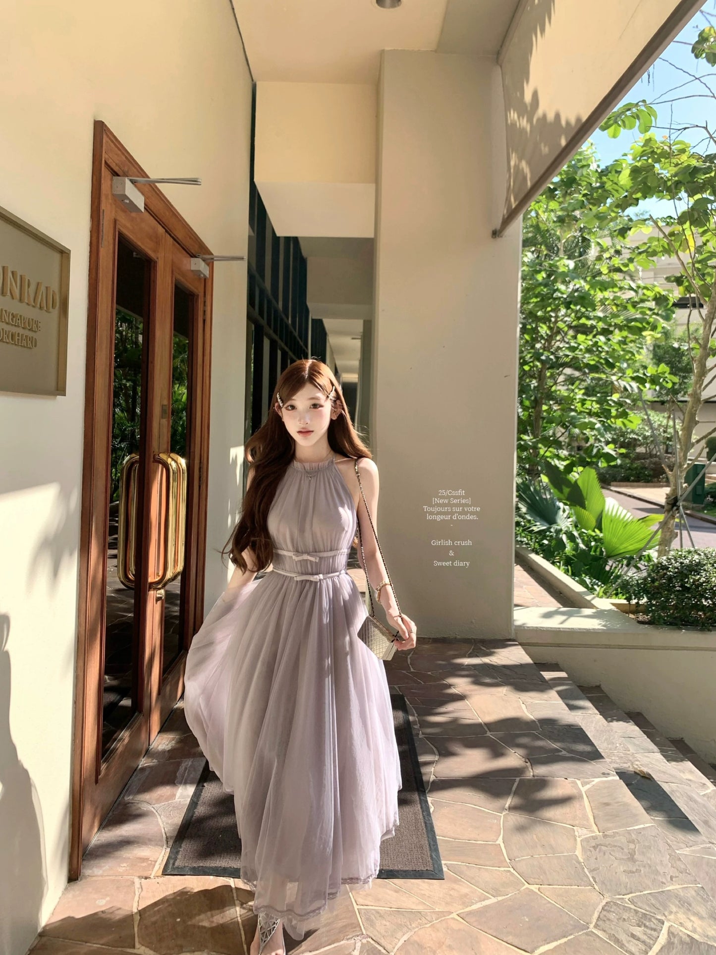 Sorbet微醺 裸粉雾紫色挂脖不规则连衣裙 Sorbet Tipsy Halter Neck Asymmetrical Dress in Nude Pink and Misty Purple