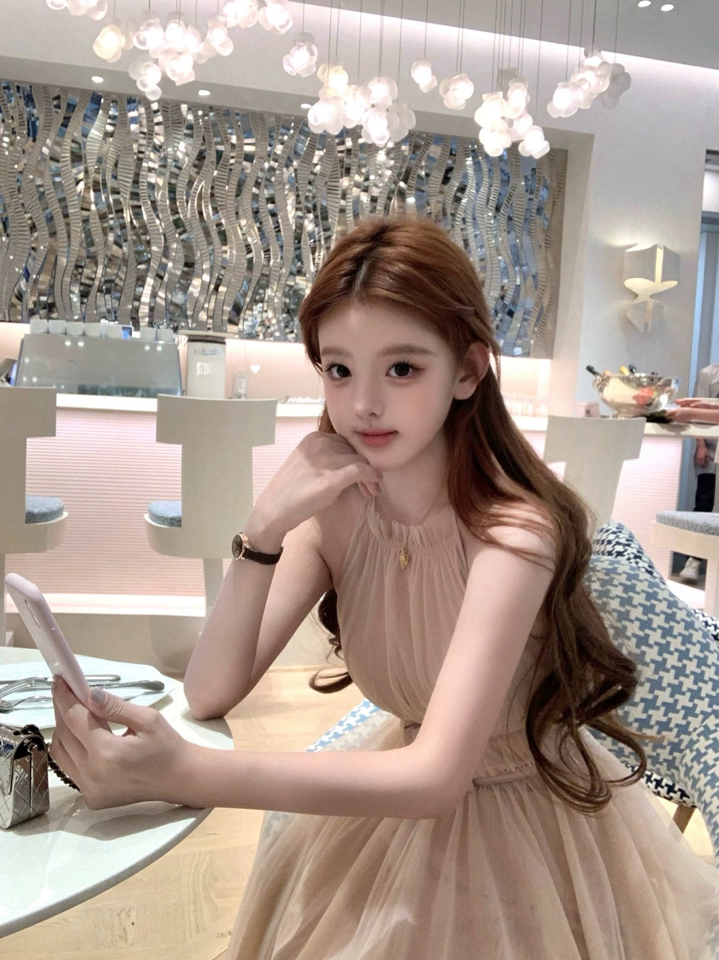 Sorbet微醺 裸粉雾紫色挂脖不规则连衣裙 Sorbet Tipsy Halter Neck Asymmetrical Dress in Nude Pink and Misty Purple