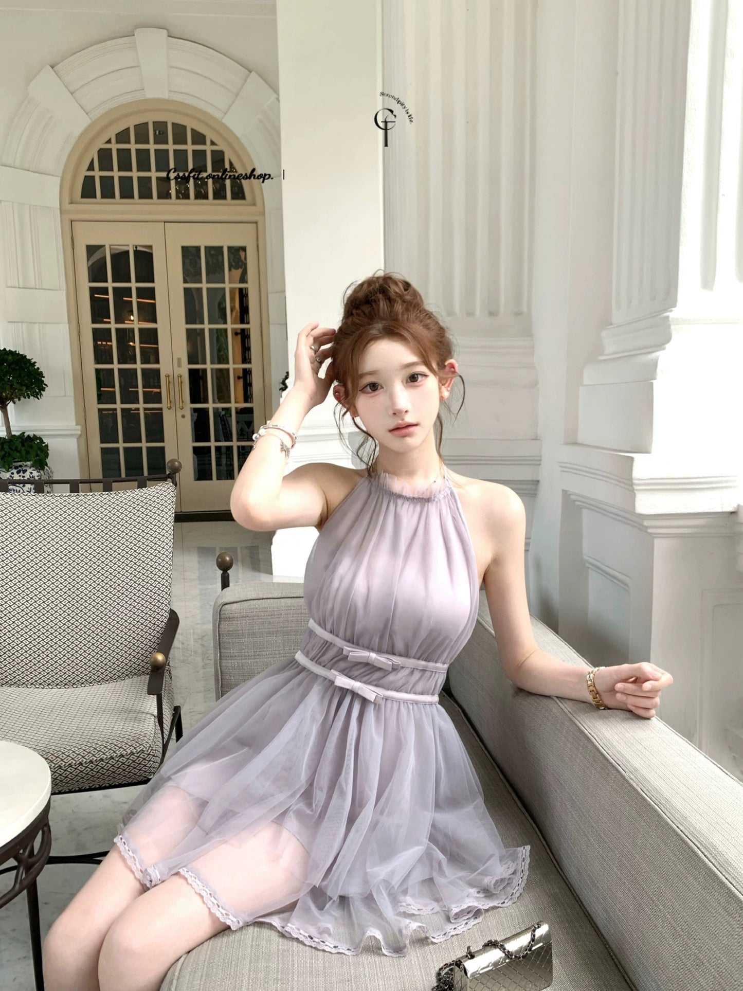 Sorbet微醺 裸粉雾紫色挂脖不规则连衣裙 Sorbet Tipsy Halter Neck Asymmetrical Dress in Nude Pink and Misty Purple