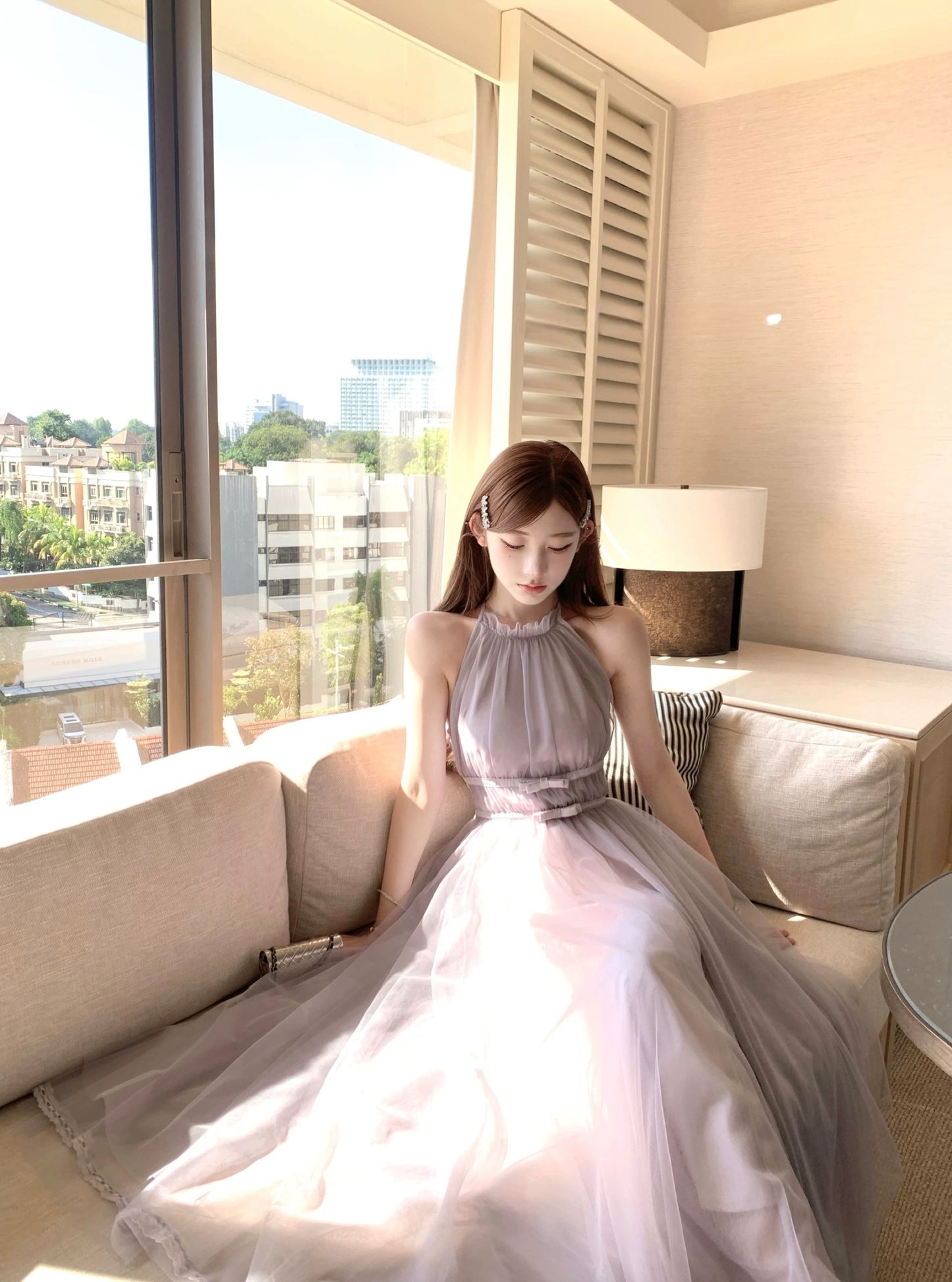 Sorbet微醺 裸粉雾紫色挂脖不规则连衣裙 Sorbet Tipsy Halter Neck Asymmetrical Dress in Nude Pink and Misty Purple