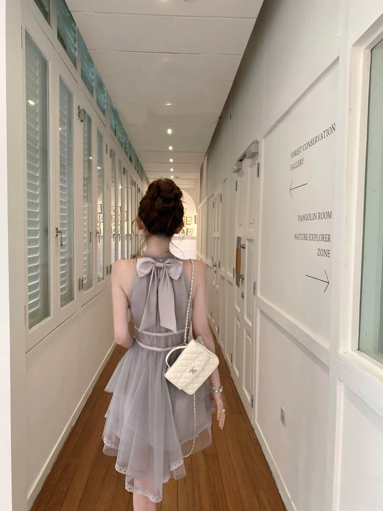 Sorbet微醺 裸粉雾紫色挂脖不规则连衣裙 Sorbet Tipsy Halter Neck Asymmetrical Dress in Nude Pink and Misty Purple