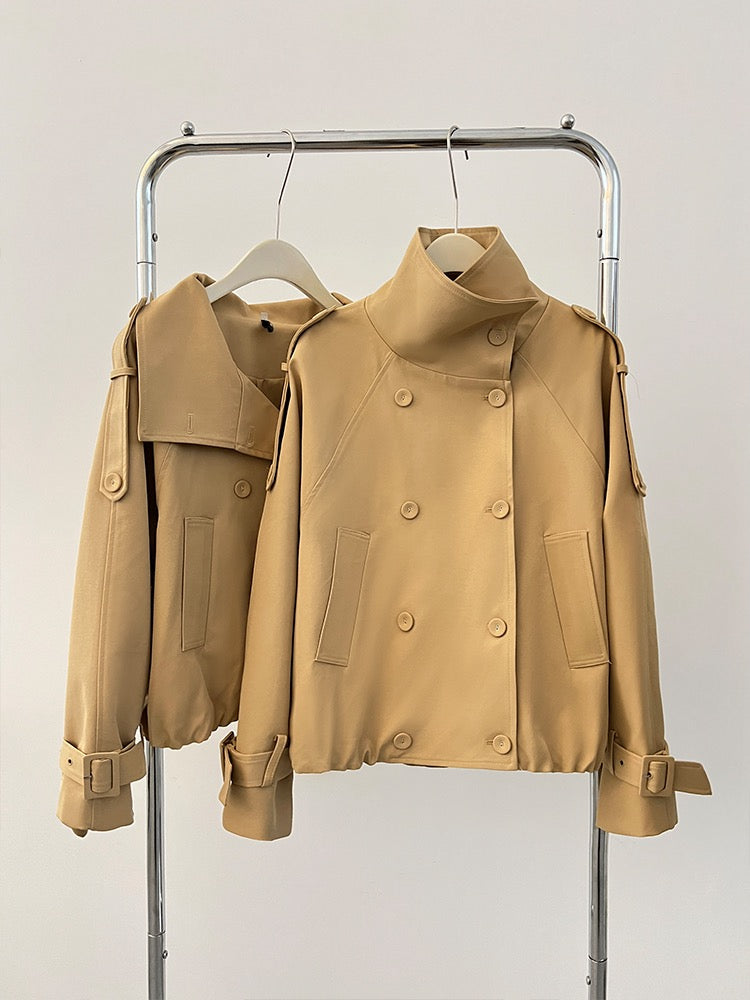 秋季英伦风 立领短款韩系风衣外套 London Weekend Chic Cinched-Waist Trench Coat