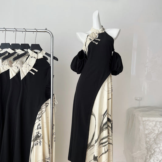 热巴美学 新中式国风书法旗袍连衣裙 Dilraba Aesthetics New Chinese Style Calligraphy Qipao Dress