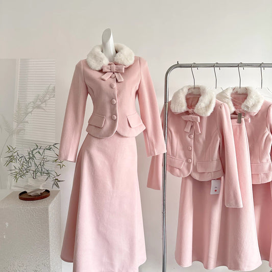 炸鸡欧尼 粉色毛呢外套高腰a字半身裙套装 Pink woolen coat and high-waisted A-line skirt set