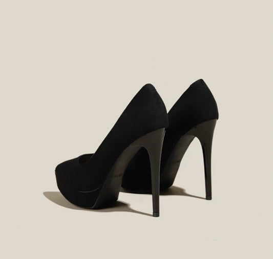 绒面细跟性感防水台黑色高跟鞋 Black Suede Sexy Stiletto Platform Heels