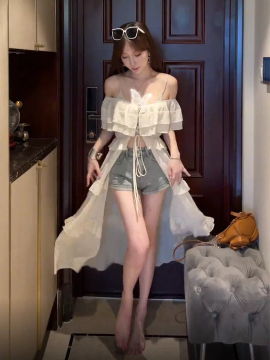 琴心细语 法式一字肩绑带收腰开衫/短裤 French Off-the-Shoulder Belted Waist Cardigan/Shorts