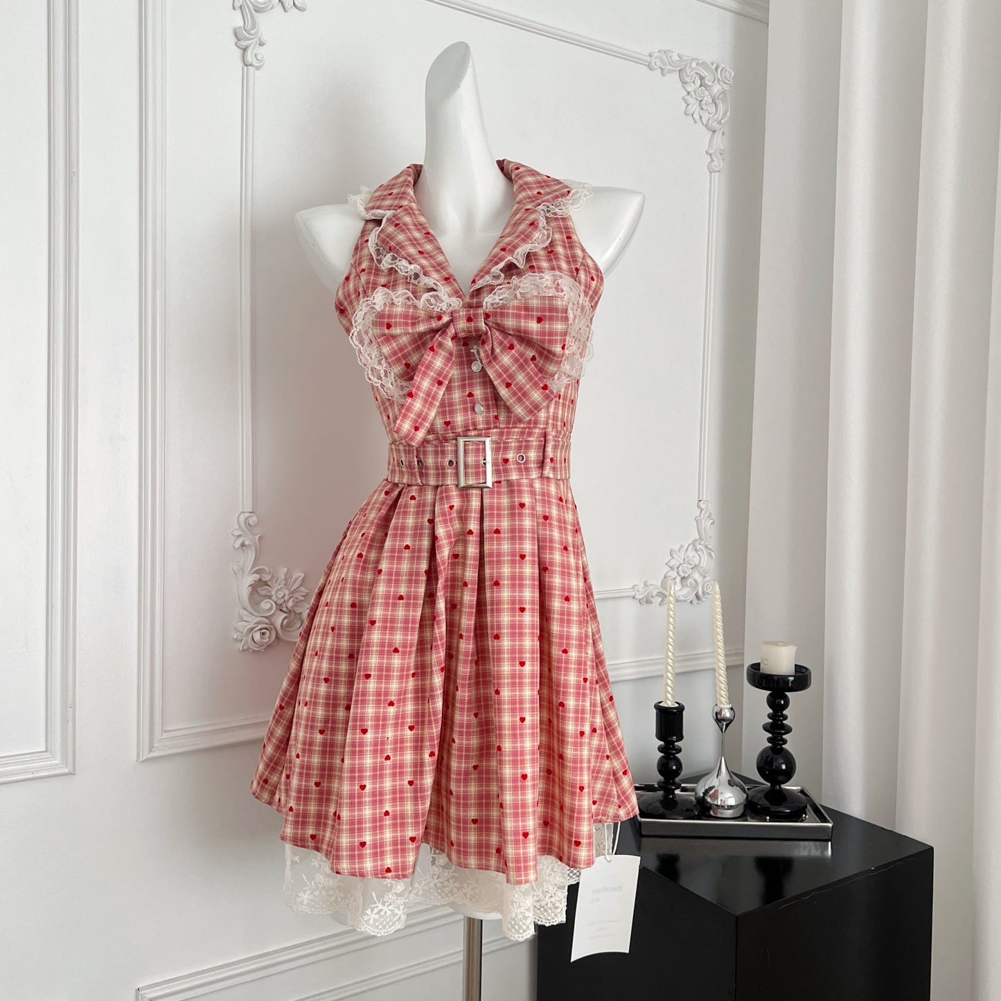 杨梅冰沙 甜美格纹百褶无袖连衣裙 Bayberry Slush Sweet Plaid Pleated Sleeveless Dress