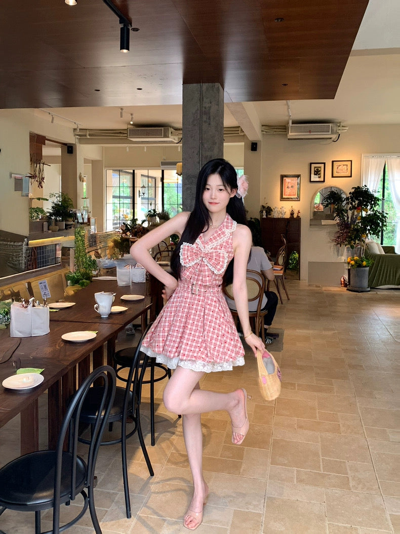杨梅冰沙 甜美格纹百褶无袖连衣裙 Bayberry Slush Sweet Plaid Pleated Sleeveless Dress