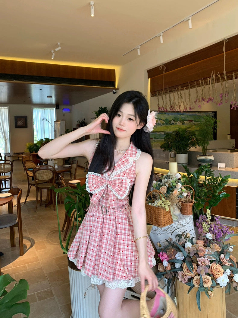 杨梅冰沙 甜美格纹百褶无袖连衣裙 Bayberry Slush Sweet Plaid Pleated Sleeveless Dress