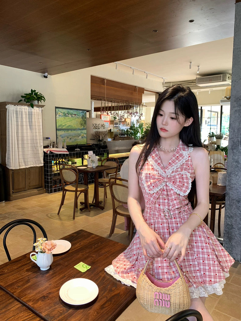 杨梅冰沙 甜美格纹百褶无袖连衣裙 Bayberry Slush Sweet Plaid Pleated Sleeveless Dress