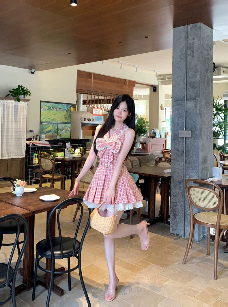 杨梅冰沙 甜美格纹百褶无袖连衣裙 Bayberry Slush Sweet Plaid Pleated Sleeveless Dress