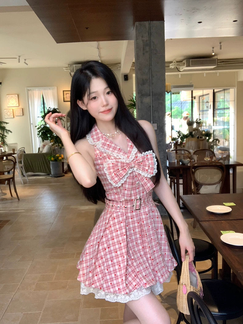 杨梅冰沙 甜美格纹百褶无袖连衣裙 Bayberry Slush Sweet Plaid Pleated Sleeveless Dress