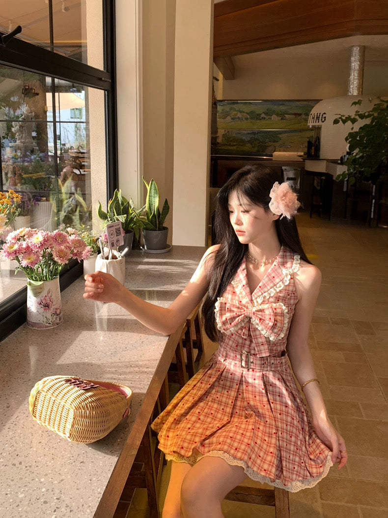 杨梅冰沙 甜美格纹百褶无袖连衣裙 Bayberry Slush Sweet Plaid Pleated Sleeveless Dress