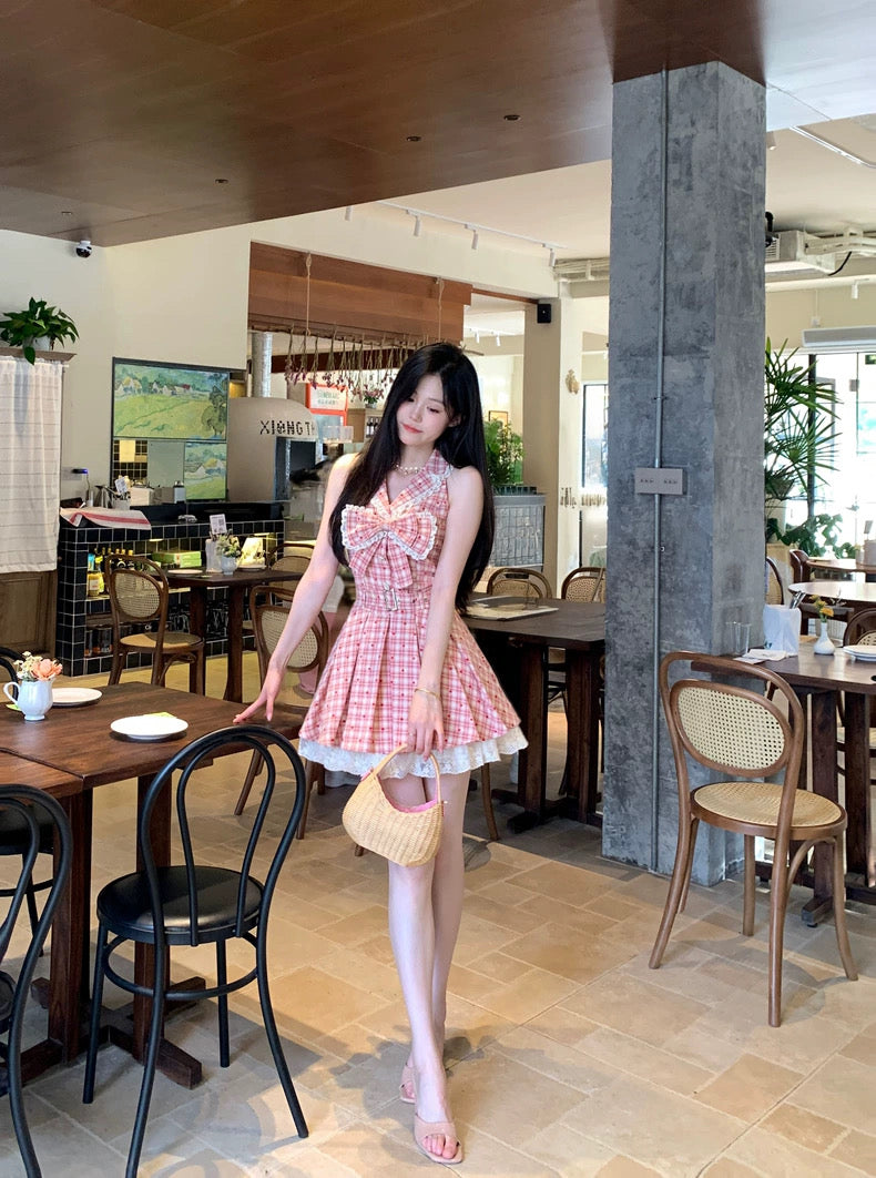 杨梅冰沙 甜美格纹百褶无袖连衣裙 Bayberry Slush Sweet Plaid Pleated Sleeveless Dress