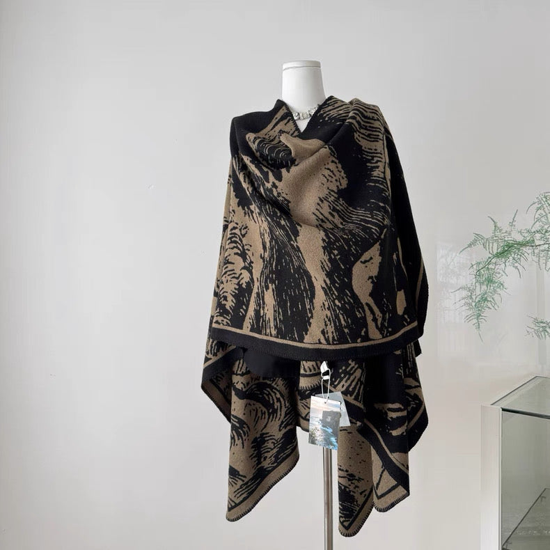 东方古早味 墨染黑驼色百搭披肩 Oriental Vintage-Inspired Ink-Dyed Black Camel Shawl