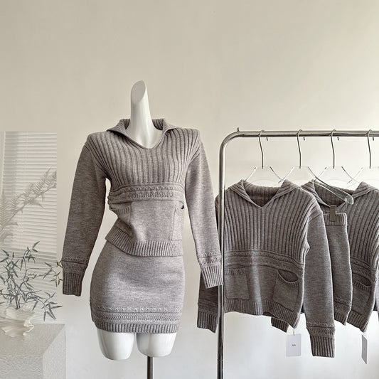 高智冷女 大翻领100绵羊毛针织套装 Cool-Girl Look 100% Merino Wool Knit Set with Oversized Lapel