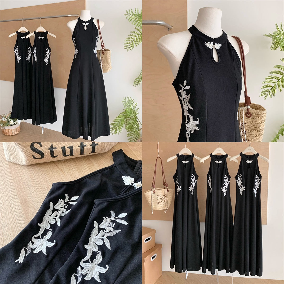 墨上花开 气质矜贵刺绣旗袍连衣裙 Ink Blossoms · Elegant Embroidered Cheongsam Dress