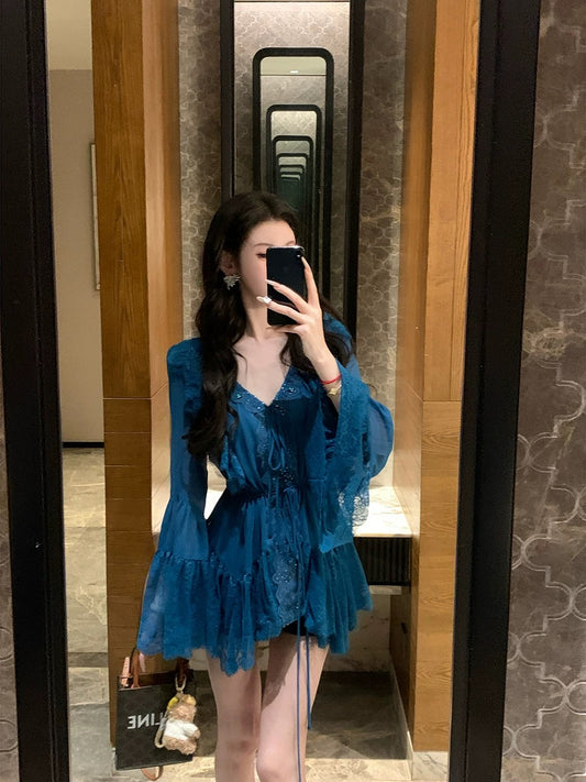 蓝韵名媛 气质名媛孔雀蓝蕾丝性感上衣 Peacock Blue Lace Sexy Top