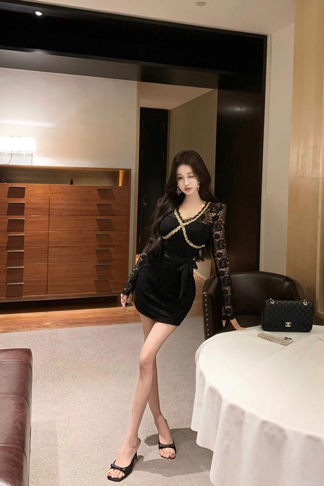 Moonlight Dress · V-Neck Heavily Sequined Long-Sleeve Lace Mermaid Dress - Short