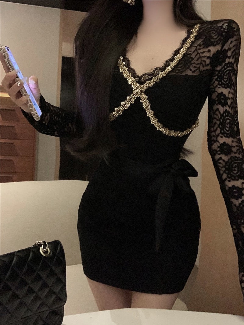 Moonlight Dress · V-Neck Heavily Sequined Long-Sleeve Lace Mermaid Dress - Short