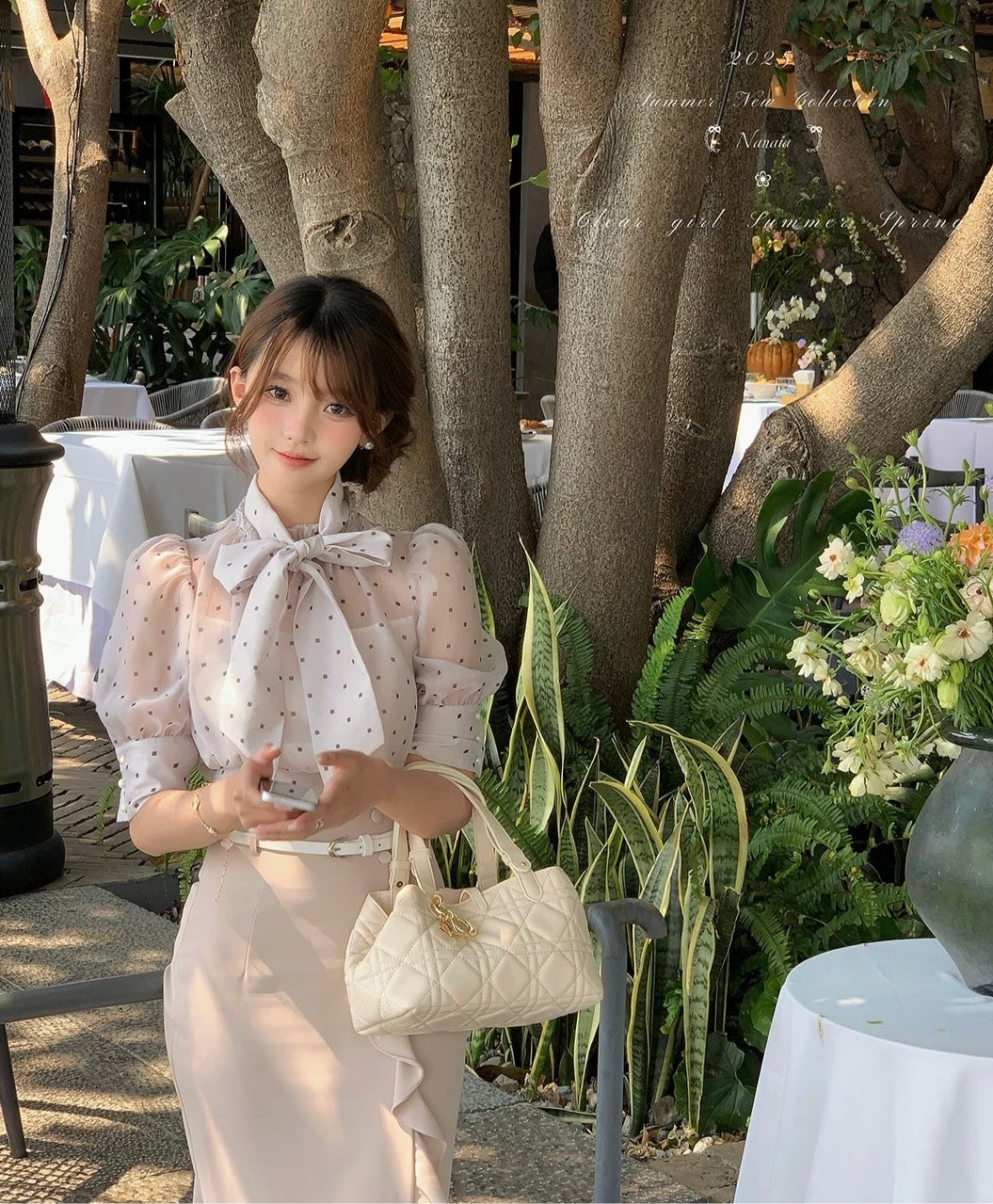 甜蜜水仙 灯笼袖微透波点不规则半裙套装