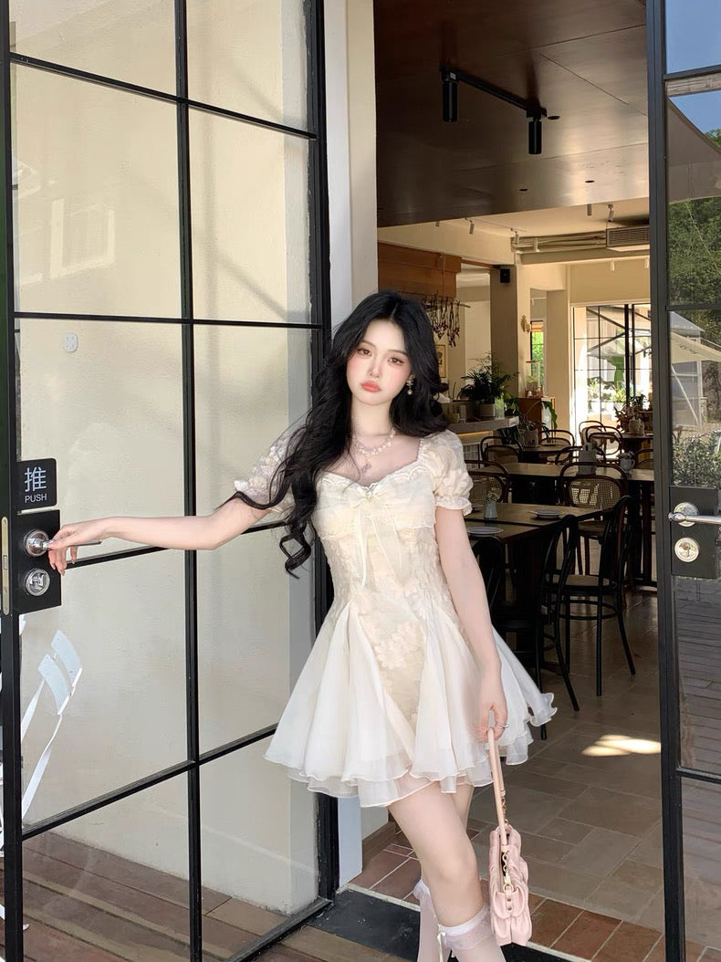 白茶与风 气质剪花蓬蓬网纱公主裙 White Tea and Wind Elegant Embroidered Tulle Princess Dress