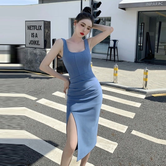💞雾霾蓝色方领收腰包臀裙💞
