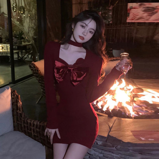 酒红纯欲针织连衣裙 (针织)