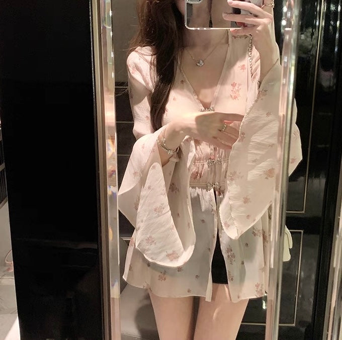 纱木梦境 夏装长袖收腰碎花衬衫 Summer Long-Sleeve Waist-Cinching Floral Shirt