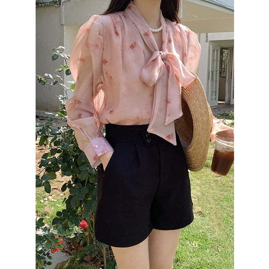 夏款油画感印花系带上衣（粉色）Summer sense print tie top (pink)