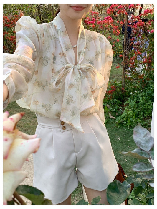 夏款油画感印花系带上衣（淡黄色）Summer sense print tie top (yellow)
