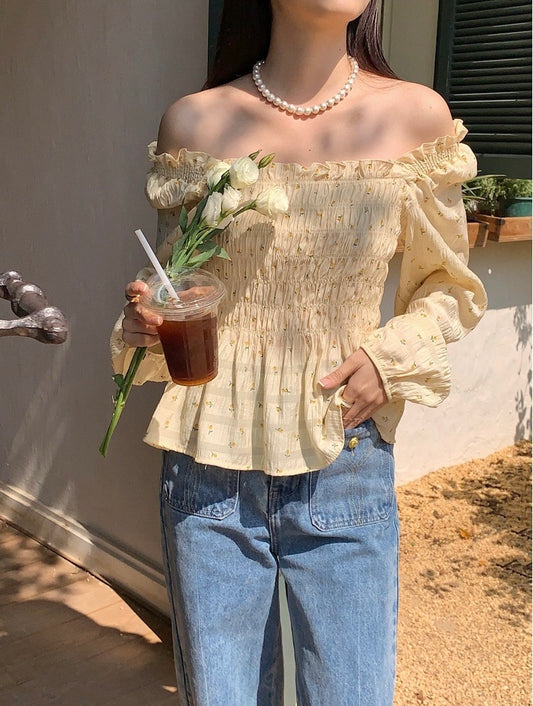小清新褶皱一字领上衣 Small Fresh Pleated Collar Top