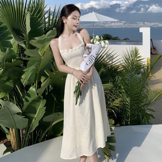 夏款挂脖提花连衣裙 Summer Halter Neck Jacquard Dress