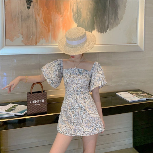 夏季方领印花连体裤 Summer Floral Print Jumpsuit