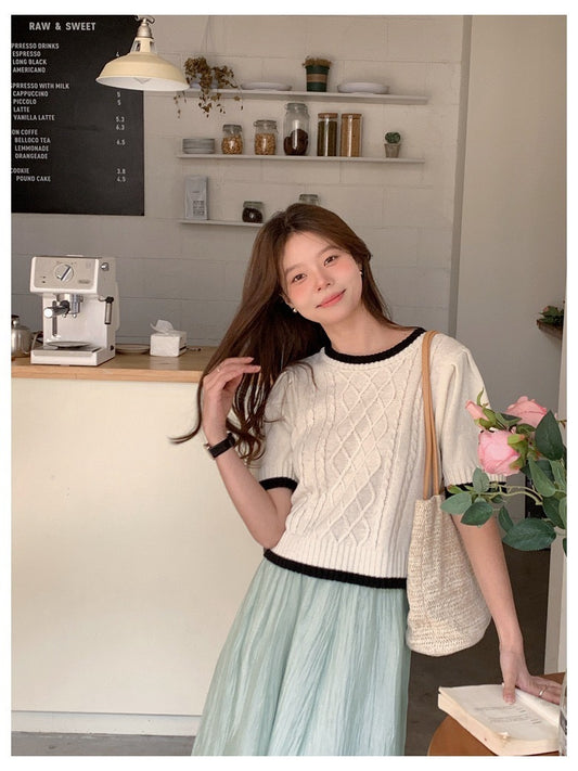 韩版圆领针织上衣 (米白) Korean Style Knitted Top (white)