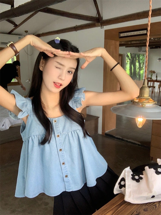 夏季方领荷叶袖上衣 (浅蓝色) Summer Ruffle Sleeve Top (Light Blue)