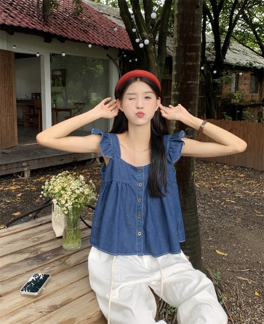 夏季方领荷叶袖上衣 (深蓝色) Summer Ruffle Sleeve Top (Dark Blue)