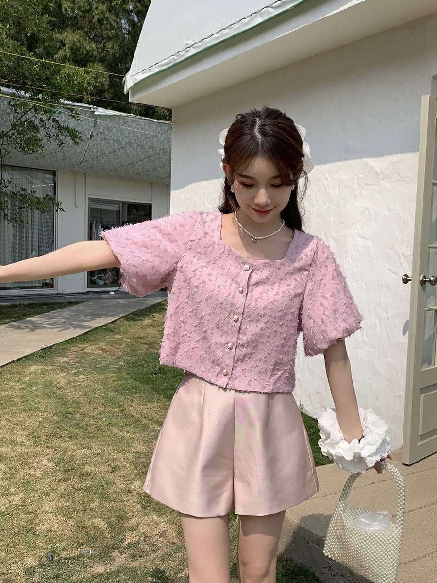 韩系甜美方领短袖衬衫 (粉色) Sweety Short Sleeve Shirt (Pink)