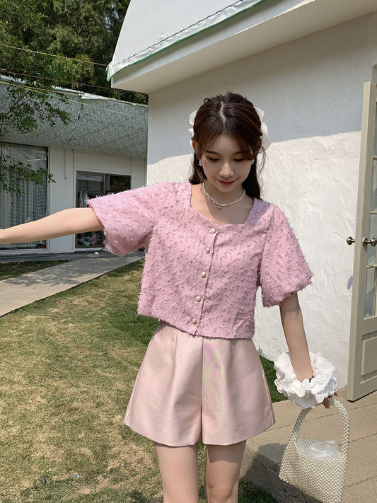 韩系甜美方领短袖衬衫 (粉色) Sweety Short Sleeve Shirt (Pink)