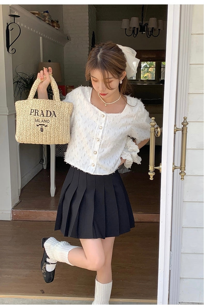 韩系甜美方领短袖衬衫 (白色) Sweety Short Sleeve Shirt（White)