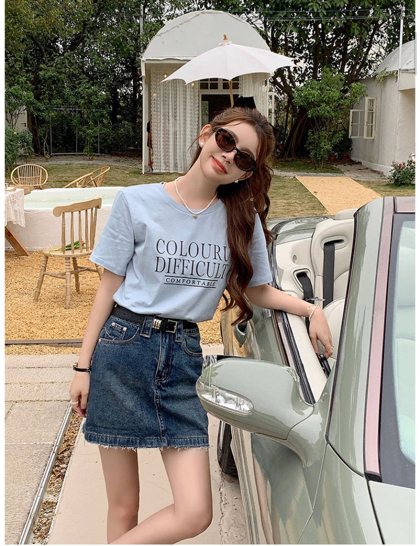 休闲百搭印花短袖上衣 (蓝色) Casual Printed Short-Sleeved Top (Blue)