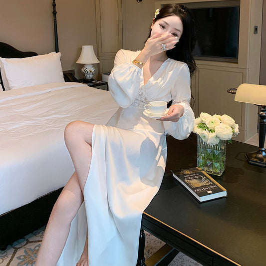 初恋蕾丝拼接长袖白裙  White Lovely Lace Dress