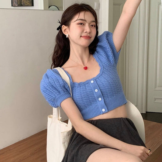 夏季方领泡泡袖上衣 (蓝色) Square Neck Puff Sleeve Top (Blue)