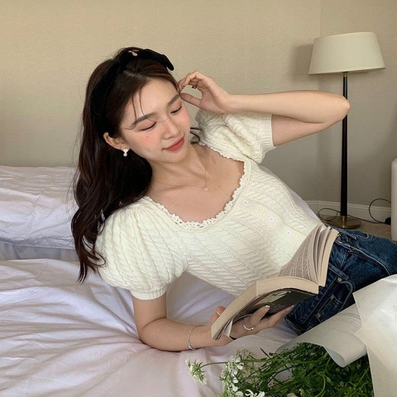 夏季方领泡泡袖上衣 (白色) Square Neck Puff Sleeve Top (White)