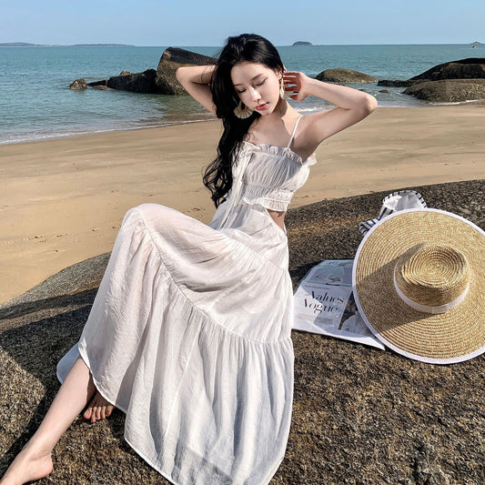 夏季露背镂空连衣裙 (白色) Summer Backless Breezy Dress (White)