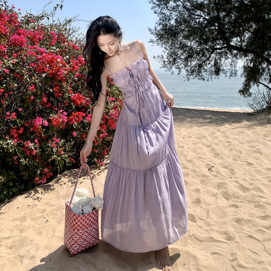 夏季露背镂空连衣裙 (淡紫色) Summer Backless Breezy Dress (Light Purple)