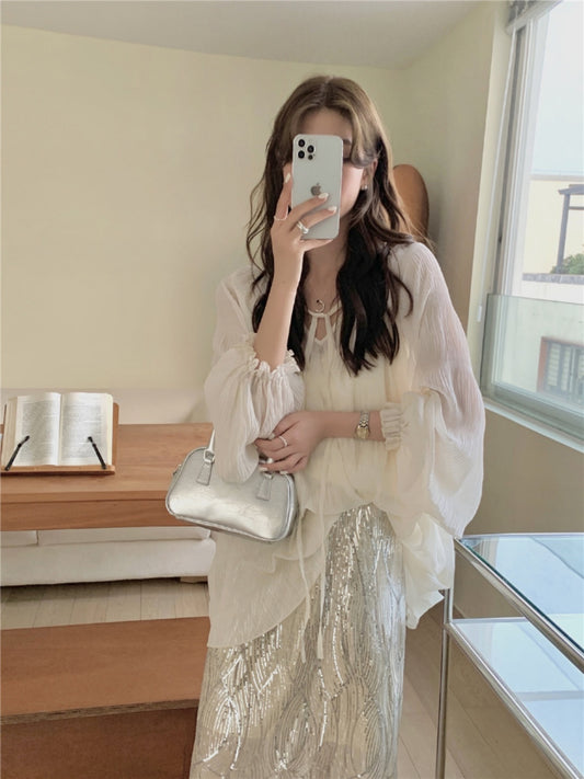 韩风温柔微透雪纺上衣- 白  Kstyle Soft Chic Chiffon Top- White