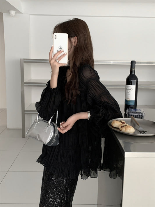 韩风温柔微透上衣半裙 - 黑 Kstyle Soft Chic Chiffon Top & Skirt - Black