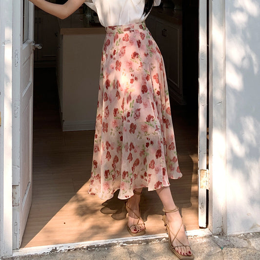 优雅高腰A半身裙- 花印  Elegant High Waist A Skirt - Floral Print