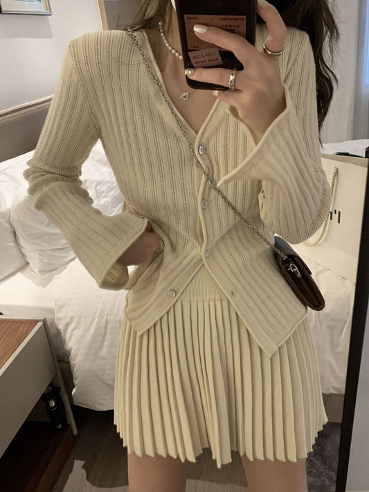 夏季针织纹路开衫上衣/百褶半裙 Summer Knitted Cardigan Top/Pleated Skirt